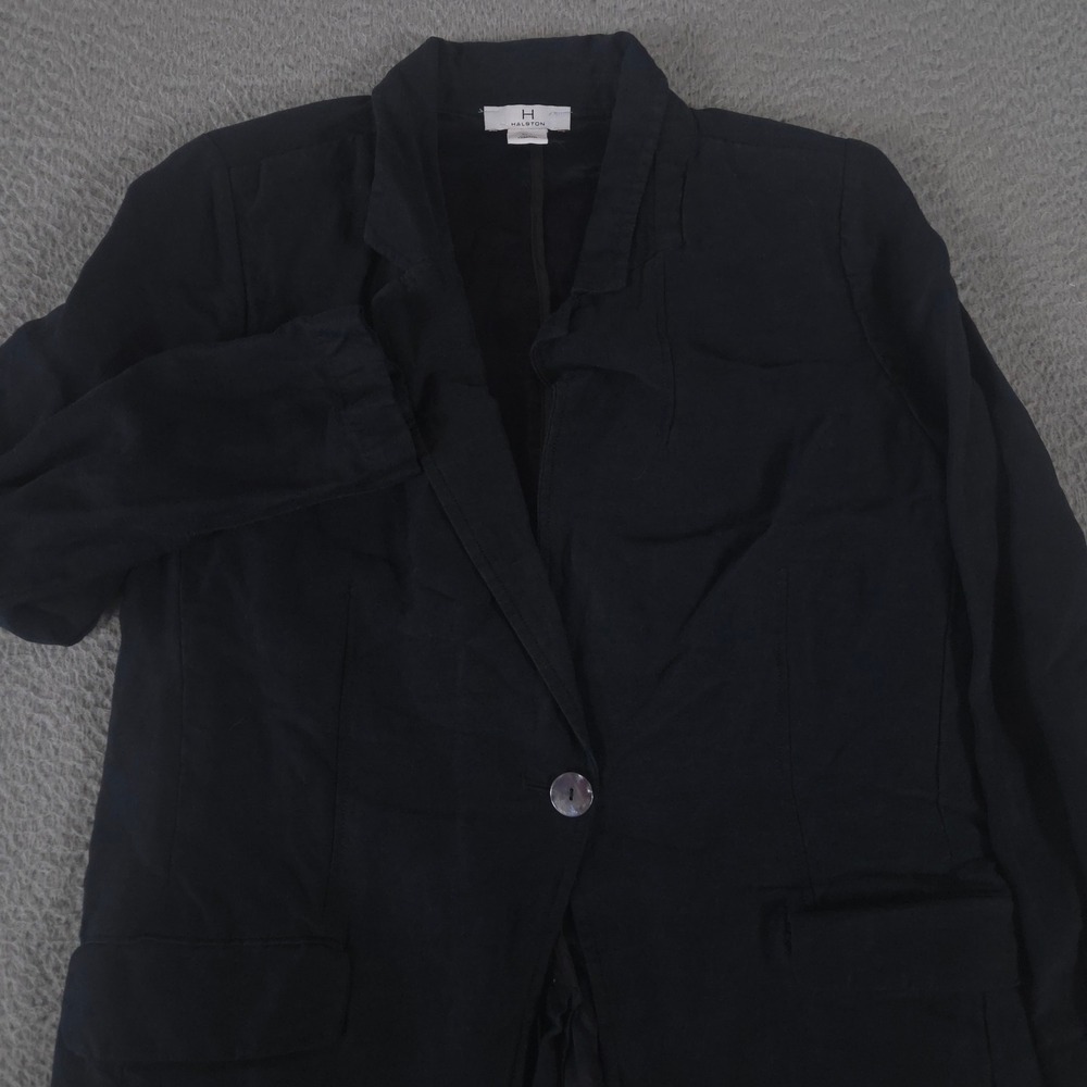 H Halston Blazer Womens Large Black Linen Blend Single Button Lightweight Jacket